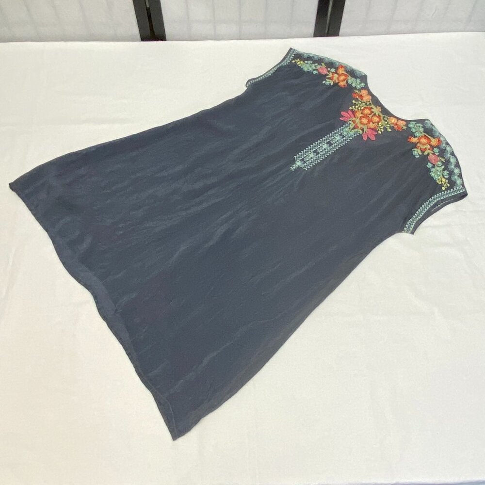 Johnny Was Blue Grey Heidi S Cap Sleeve V Neck Embroidered Sheer Tunic Kaftan - Picture 11 of 13